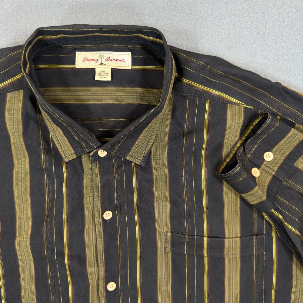 Tommy Bahama Mens XXL 100% Silk Long Sleeve Striped Button Down Shirt Black